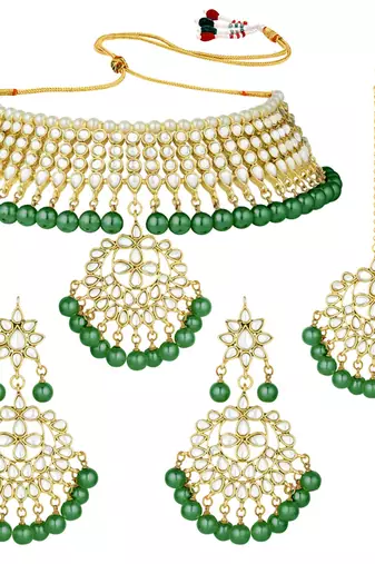 Aheli kundan choker necklace earring maang tikka traditional jewellery set for women