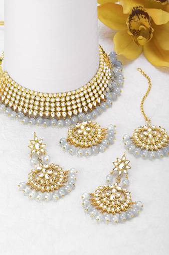 Aheli kundan choker necklace earring maang tikka traditional jewellery set for women