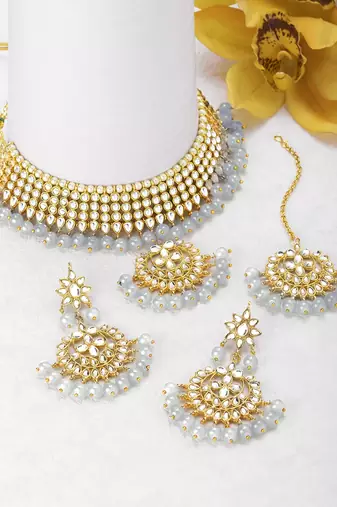 Aheli kundan choker necklace earring maang tikka traditional jewellery set for women