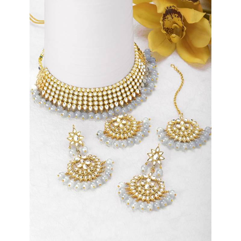 Aheli kundan choker necklace earring maang tikka traditional jewellery set for women