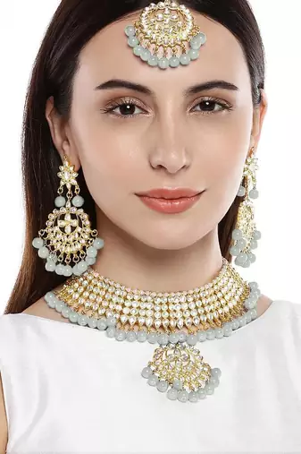 Aheli kundan choker necklace earring maang tikka traditional jewellery set for women