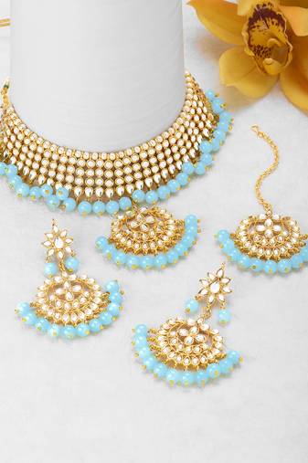 Aheli kundan choker necklace earring maang tikka traditional jewellery set for women