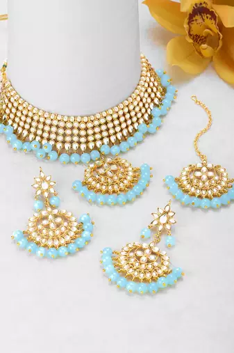 Aheli kundan choker necklace earring maang tikka traditional jewellery set for women
