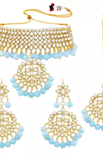 Aheli kundan choker necklace earring maang tikka traditional jewellery set for women
