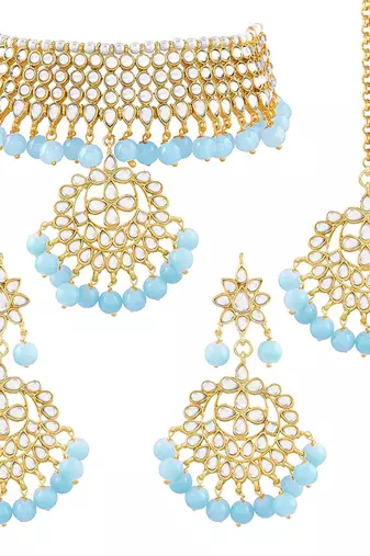 Aheli kundan choker necklace earring maang tikka traditional jewellery set for women