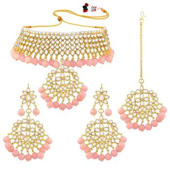Aheli kundan choker necklace earring maang tikka traditional jewellery set for women 3