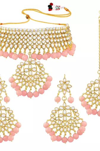 Aheli kundan choker necklace earring maang tikka traditional jewellery set for women
