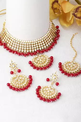 Aheli kundan choker necklace earring maang tikka traditional jewellery set for women