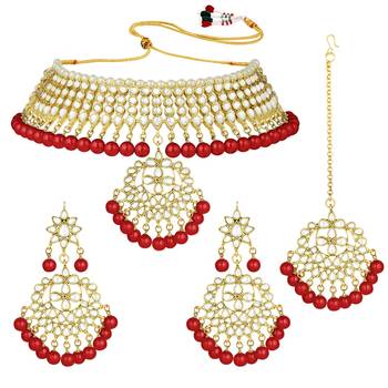 Aheli kundan choker necklace earring maang tikka traditional jewellery set for women 3