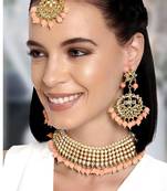 Aheli traditional kundan peach choker necklace with earring maang tikka jewellery set for women