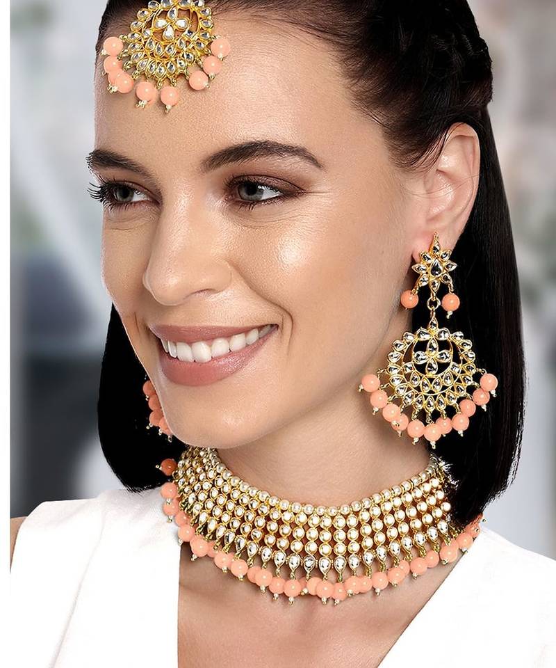 Aheli traditional kundan peach choker necklace with earring maang tikka jewellery set for women
