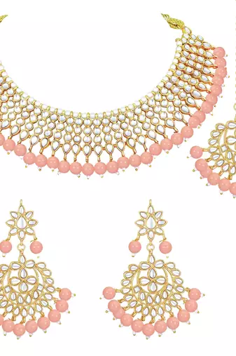 Aheli traditional kundan peach choker necklace with earring maang tikka jewellery set for women