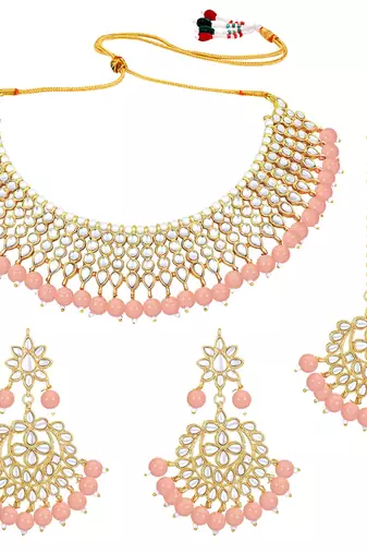 Aheli traditional kundan peach choker necklace with earring maang tikka jewellery set for women
