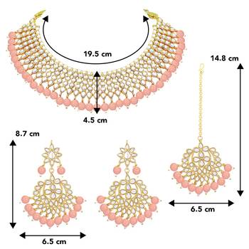 Aheli traditional kundan peach choker necklace with earring maang tikka jewellery set for women 4