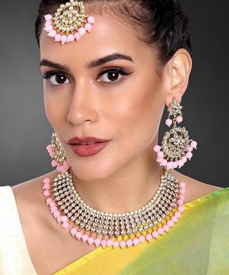 Aheli traditional kundan pink choker necklace with earring maang tikka jewellery set for women 1