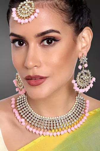 Aheli traditional kundan pink choker necklace with earring maang tikka jewellery set for women