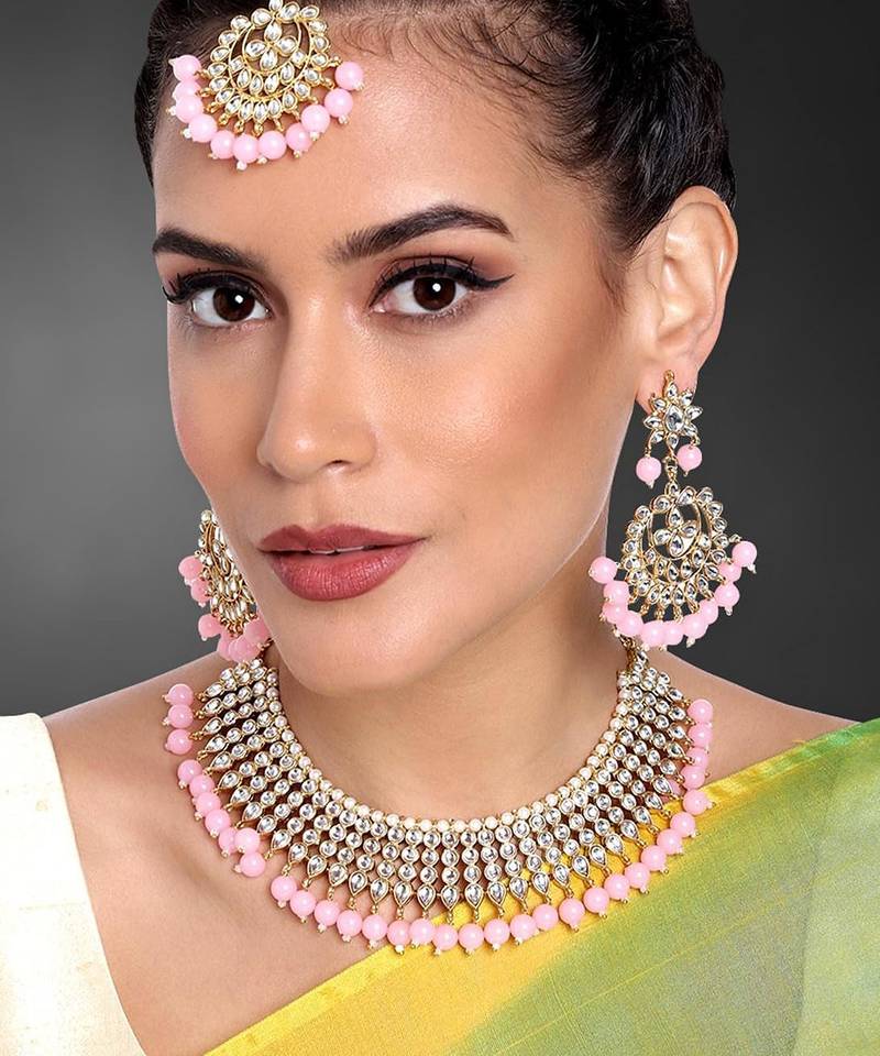 Aheli traditional kundan pink choker necklace with earring maang tikka jewellery set for women