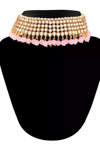 Aheli traditional kundan pink choker necklace with earring maang tikka jewellery set for women