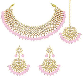 Aheli traditional kundan pink choker necklace with earring maang tikka jewellery set for women 3