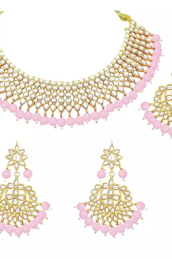 Aheli traditional kundan pink choker necklace with earring maang tikka jewellery set for women