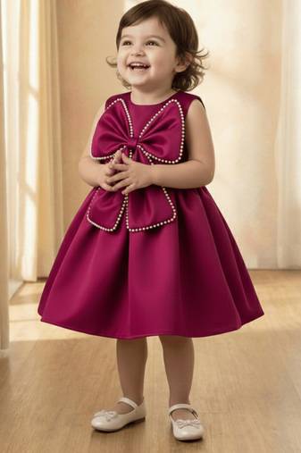 Wine red solid pearl embellished satin bow detail fit & flare girls dress
