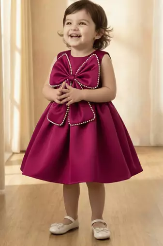 Wine red solid pearl embellished satin bow detail fit & flare girls dress