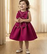 Wine red solid pearl embellished satin bow detail fit & flare girls dress