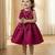 Wine red solid pearl embellished satin bow detail fit & flare girls dress