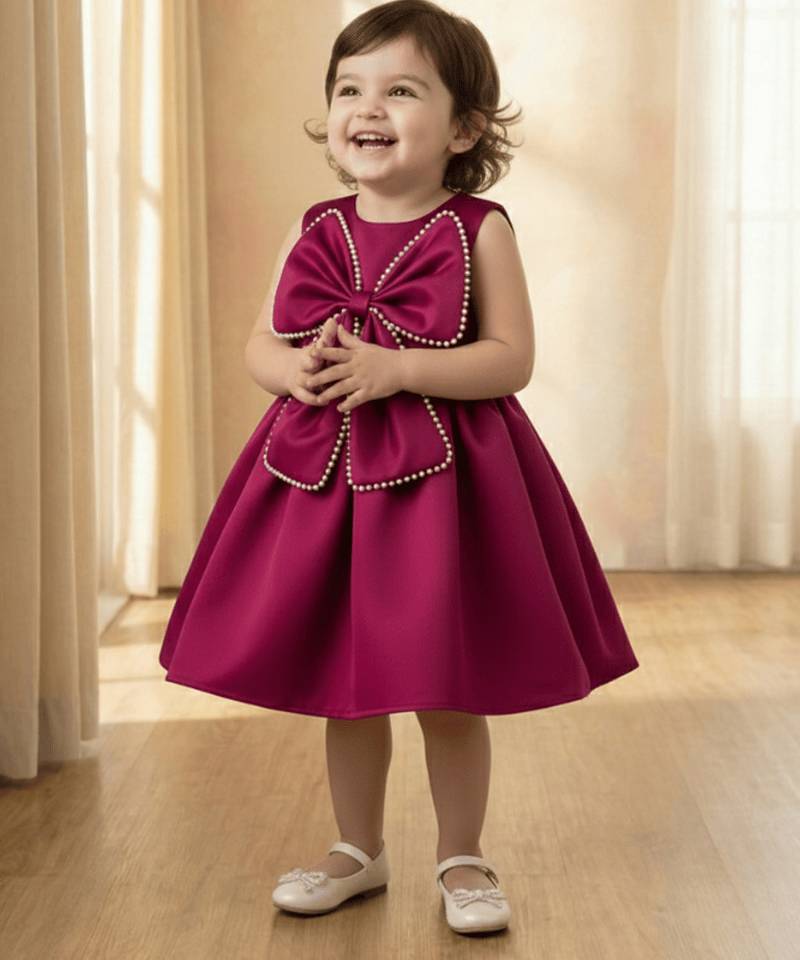 Wine red solid pearl embellished satin bow detail fit & flare girls dress