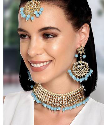 Aheli traditional sky blue kundan choker necklace with earring maang tikka jewellery set for women 1