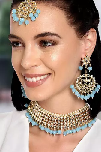 Aheli traditional sky blue kundan choker necklace with earring maang tikka jewellery set for women