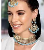 Aheli traditional sky blue kundan choker necklace with earring maang tikka jewellery set for women