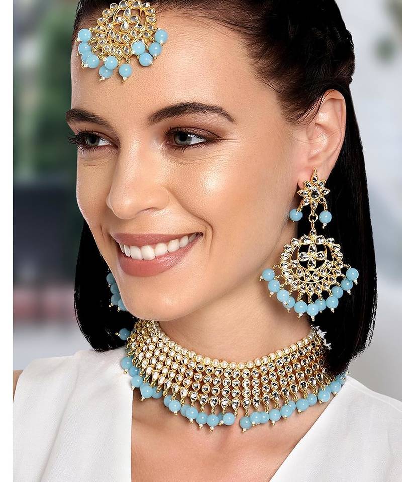 Aheli traditional sky blue kundan choker necklace with earring maang tikka jewellery set for women