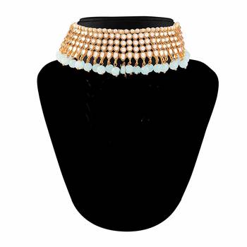 Aheli traditional sky blue kundan choker necklace with earring maang tikka jewellery set for women 2