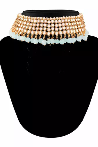Aheli traditional sky blue kundan choker necklace with earring maang tikka jewellery set for women