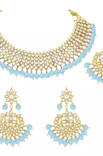 Aheli traditional sky blue kundan choker necklace with earring maang tikka jewellery set for women