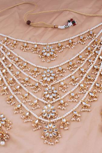 Aheli traditional kundan pearl floral layered long necklace with earring jewellery set for women