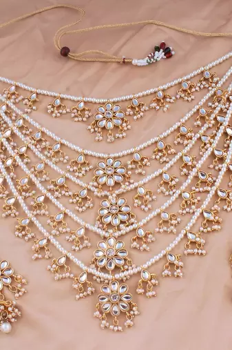 Aheli traditional kundan pearl floral layered long necklace with earring jewellery set for women