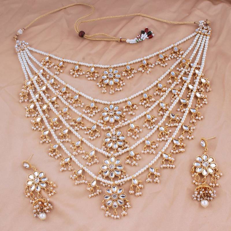 Aheli traditional kundan pearl floral layered long necklace with earring jewellery set for women