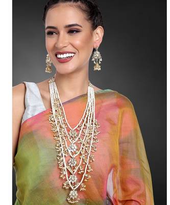 Aheli traditional kundan pearl floral layered long necklace with earring jewellery set for women 2
