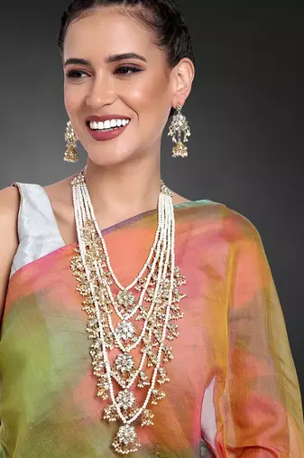 Aheli traditional kundan pearl floral layered long necklace with earring jewellery set for women
