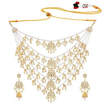 Aheli traditional kundan pearl floral layered long necklace with earring jewellery set for women 3
