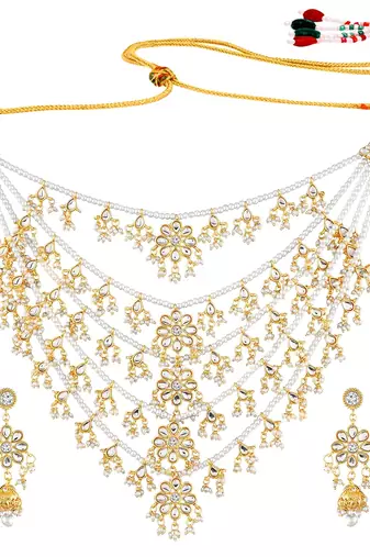 Aheli traditional kundan pearl floral layered long necklace with earring jewellery set for women