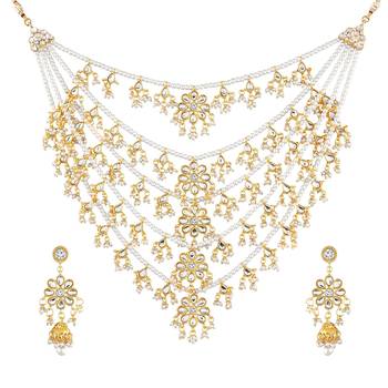 Aheli traditional kundan pearl floral layered long necklace with earring jewellery set for women 4