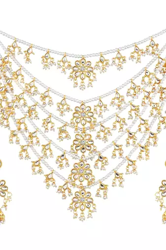 Aheli traditional kundan pearl floral layered long necklace with earring jewellery set for women