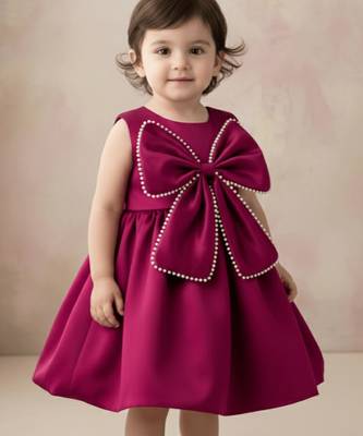 Wine red solid pearl embellished satin bow detail fit & flare girls dress 2