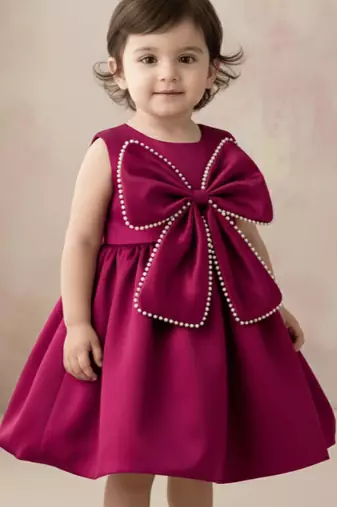 Wine red solid pearl embellished satin bow detail fit & flare girls dress