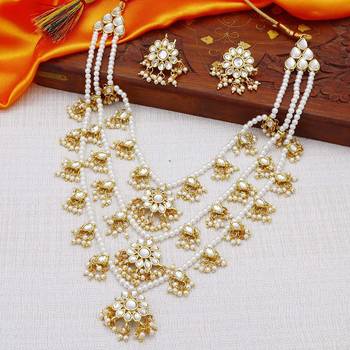 Aheli ethnic layered faux pearl kundan necklace earring set indian traditional jewellery set for women 1