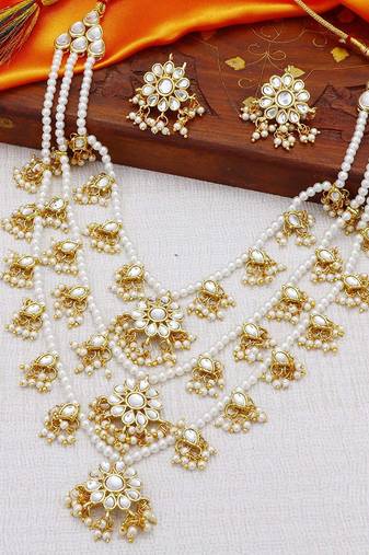 Aheli ethnic layered faux pearl kundan necklace earring set indian traditional jewellery set for women