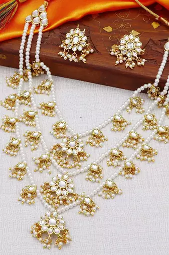 Aheli ethnic layered faux pearl kundan necklace earring set indian traditional jewellery set for women